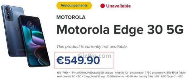 <br />
						Сколько будет стоить Motorola Edge 30 5G с OLED-экраном на 144 Гц и чипом Snapdragon 778G+ в Европе<br />
					